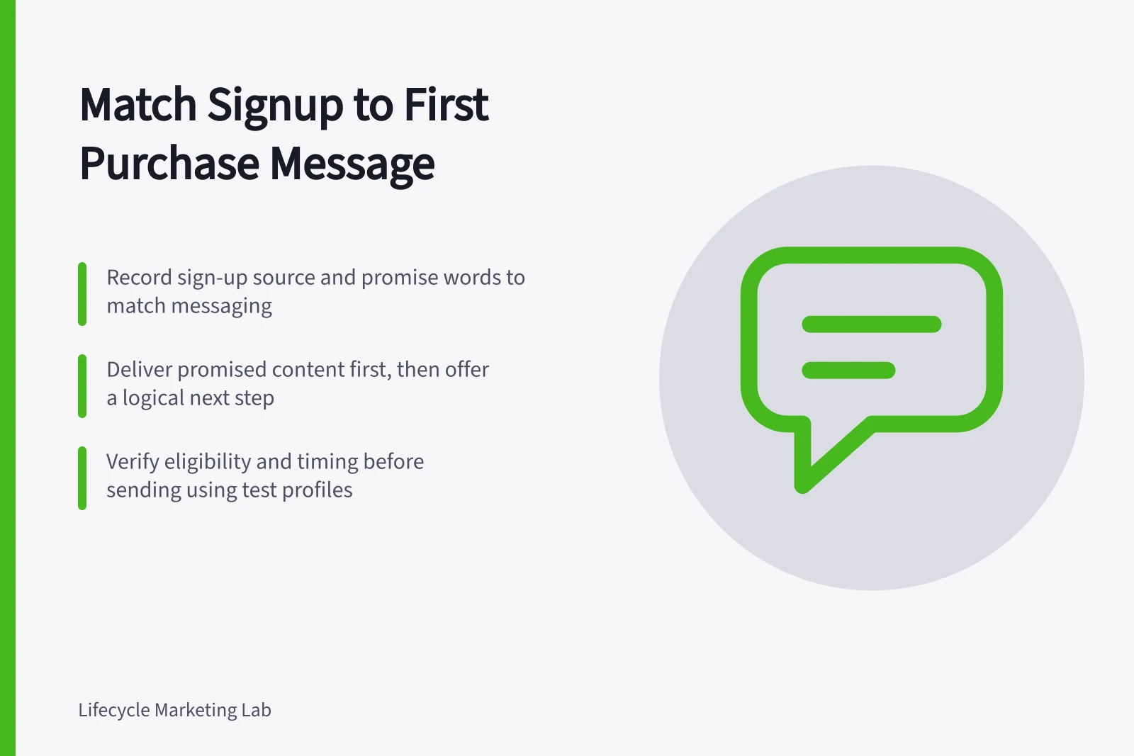 Match Signup to First Purchase Message: Record sign-up source and promise words to match messaging; Deliver promised content first, then offer a logical next step; Verify eligibility and timing before sending using test profiles