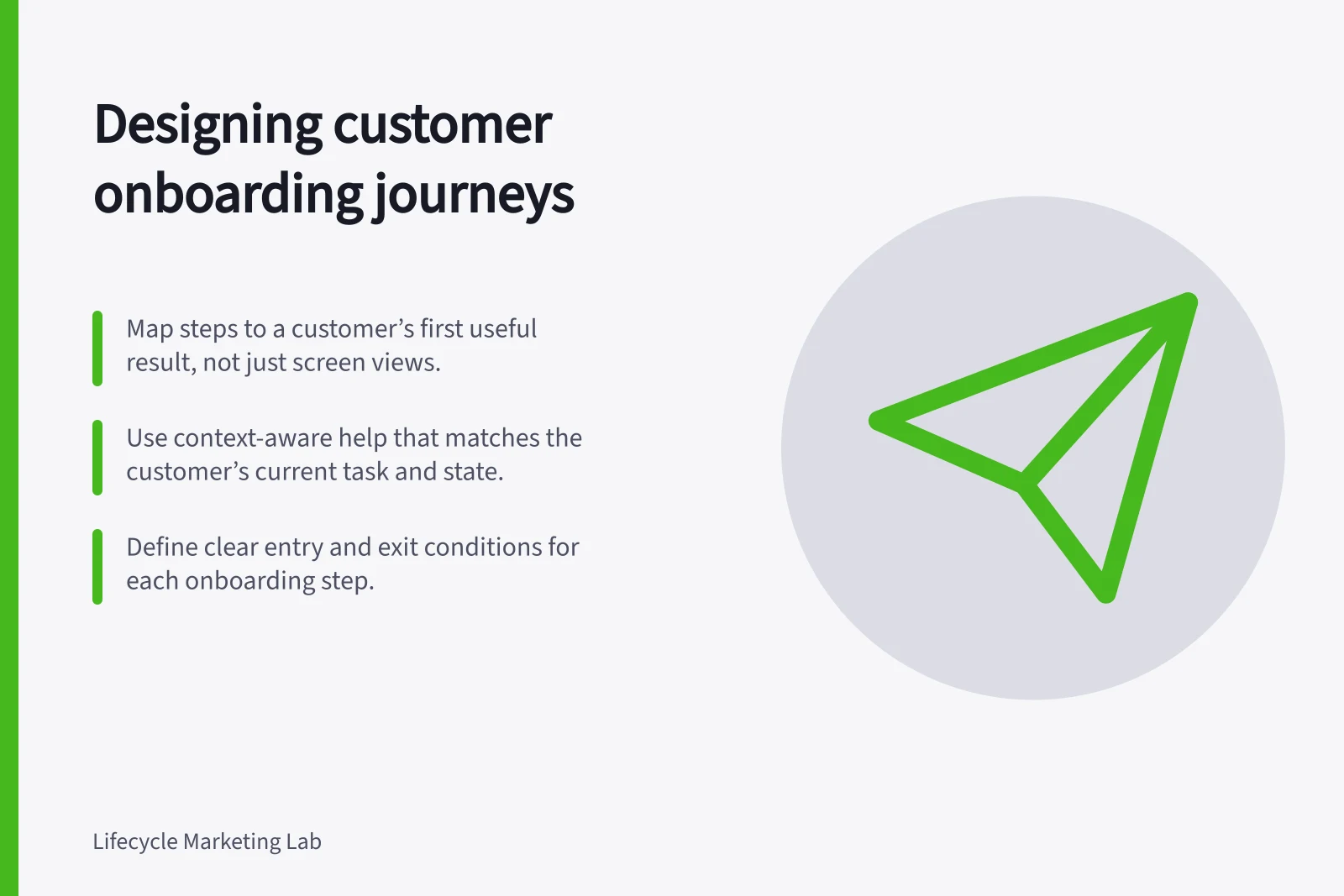 Designing customer onboarding journeys: Map steps to a customer’s first useful result, not just screen views.; Use context-aware help that matches the customer’s current task and state.; Define clear entry and exit conditions for each onboarding step.