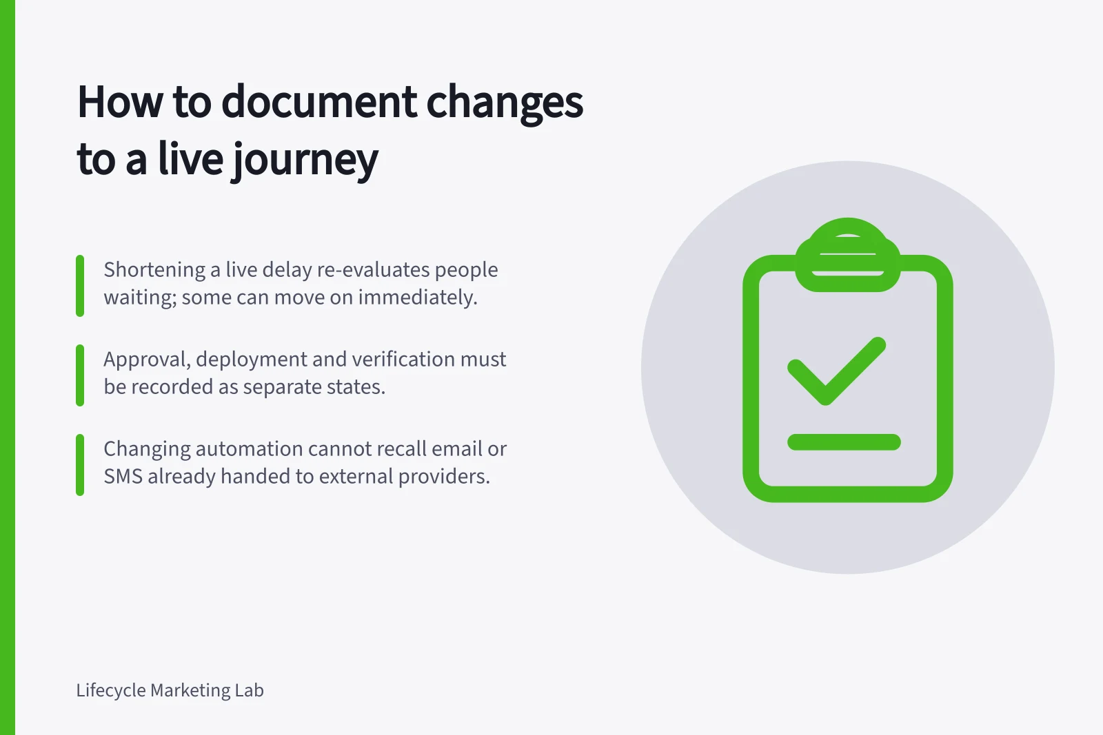 How to document changes to a live journey: Shortening a live delay re-evaluates people waiting; some can move on immediately.; Approval, deployment and verification must be recorded as separate states.; Changing automation cannot recall email or SMS already handed to external providers.