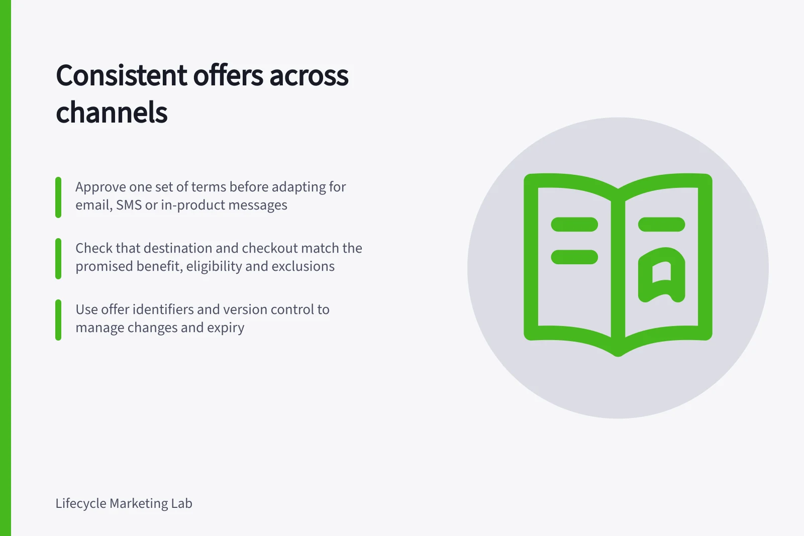 Consistent offers across channels: Approve one set of terms before adapting for email, SMS or in-product messages; Check that destination and checkout match the promised benefit, eligibility and exclusions; Use offer identifiers and version control to manage changes and expiry