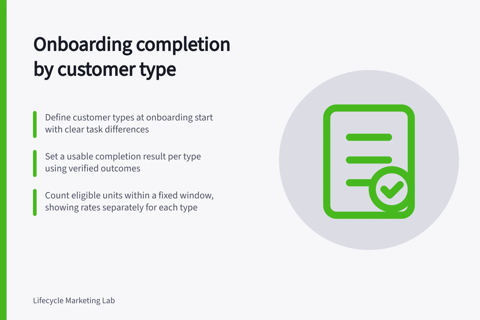 Onboarding completion by customer type: Define customer types at onboarding start with clear task differences; Set a usable completion result per type using verified outcomes; Count eligible units within a fixed window, showing rates separately for each type