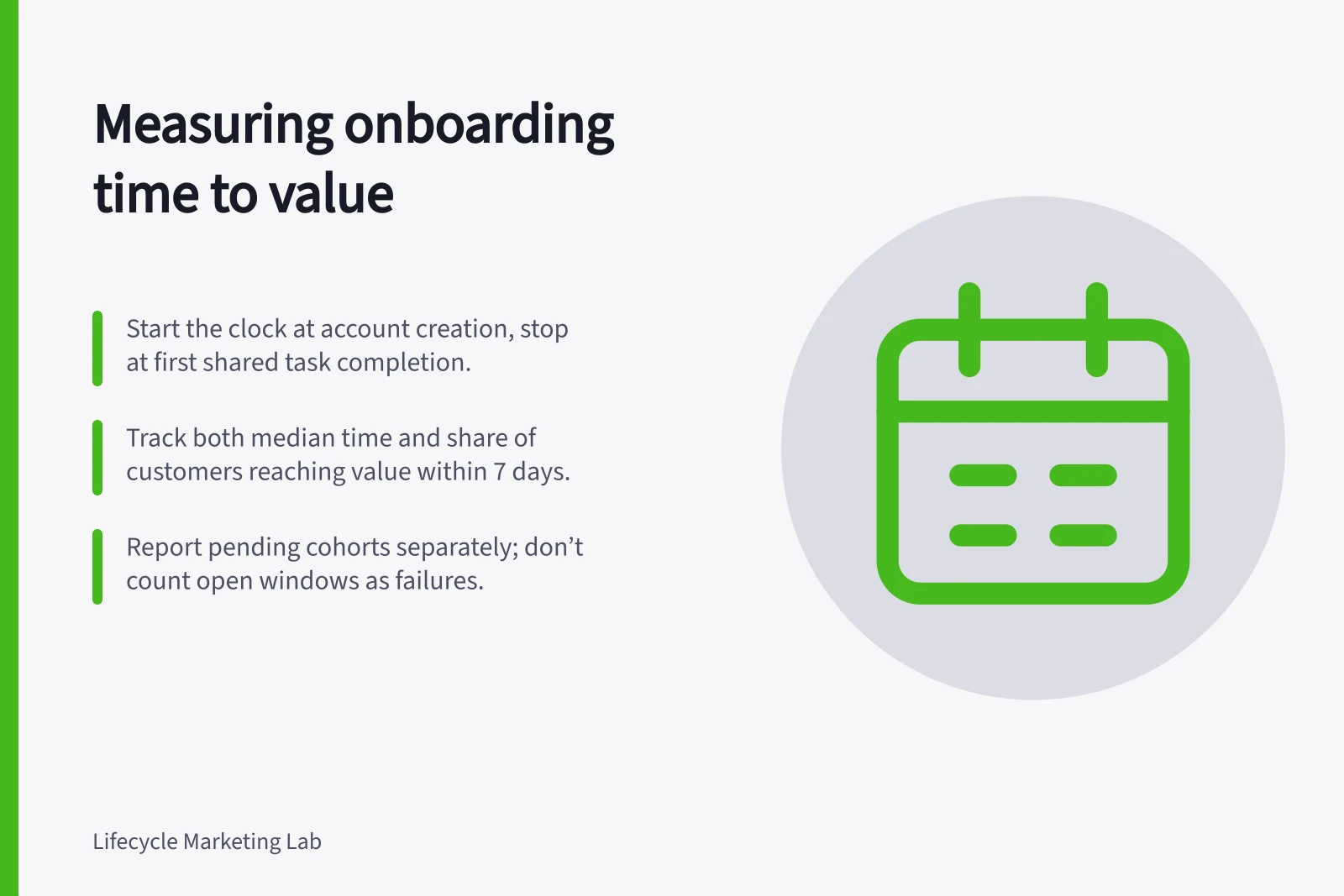 Measuring onboarding time to value: Start the clock at account creation, stop at first shared task completion.; Track both median time and share of customers reaching value within 7 days.; Report pending cohorts separately; don’t count open windows as failures.
