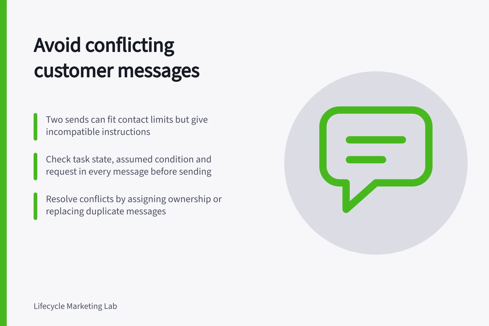 Avoid conflicting customer messages: Two sends can fit contact limits but give incompatible instructions; Check task state, assumed condition and request in every message before sending; Resolve conflicts by assigning ownership or replacing duplicate messages