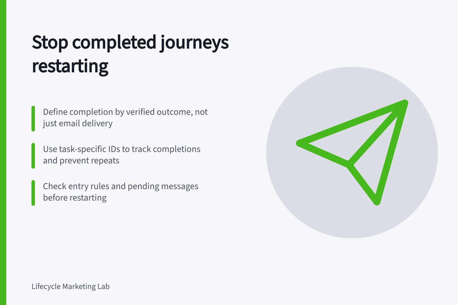 Stop completed journeys restarting: Define completion by verified outcome, not just email delivery; Use task-specific IDs to track completions and prevent repeats; Check entry rules and pending messages before restarting