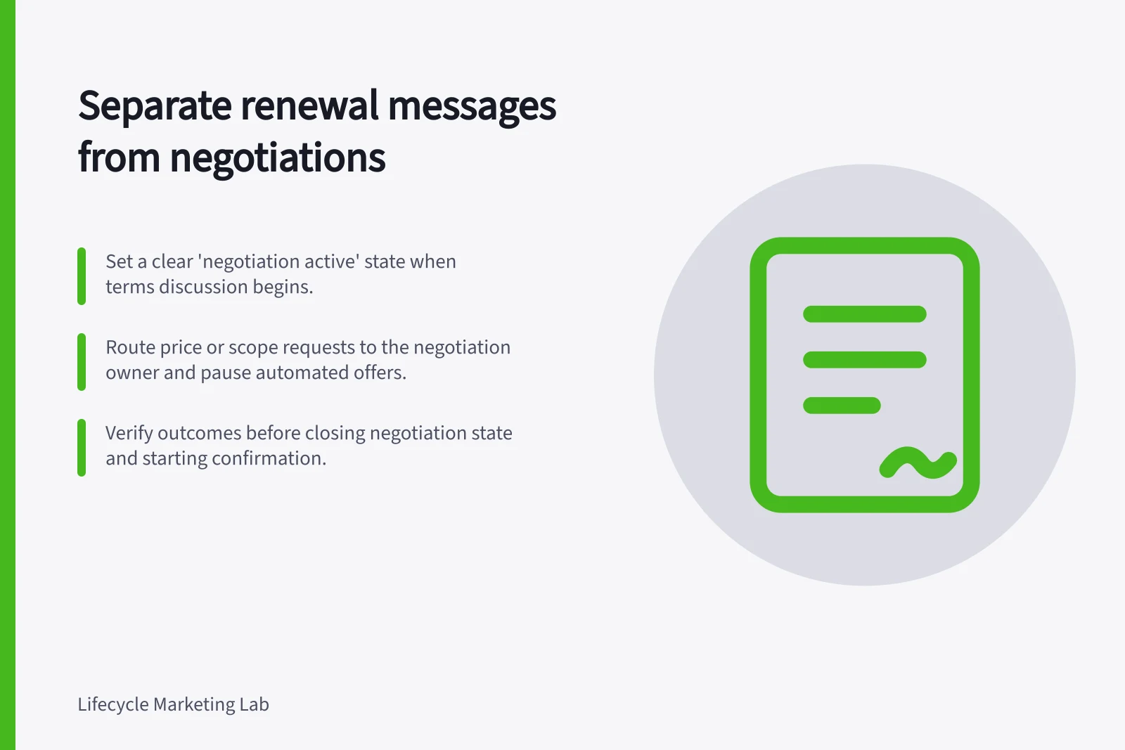 Separate renewal messages from negotiations: Set a clear 'negotiation active' state when terms discussion begins.; Route price or scope requests to the negotiation owner and pause automated offers.; Verify outcomes before closing negotiation state and starting confirmation.