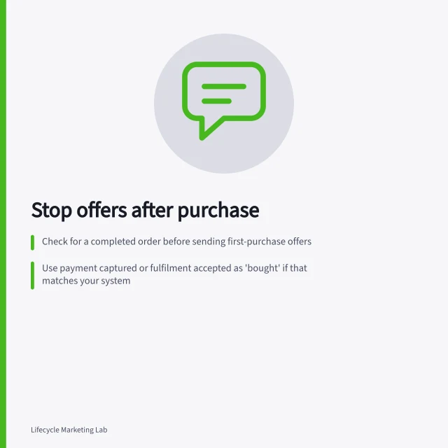 Stop offers after purchase: Check for a completed order before sending first-purchase offers; Use payment captured or fulfilment accepted as 'bought' if that matches your system; Route customers who bought to post-purchase messages instead of sales offers. Suppressing an offer after a customer has already bought