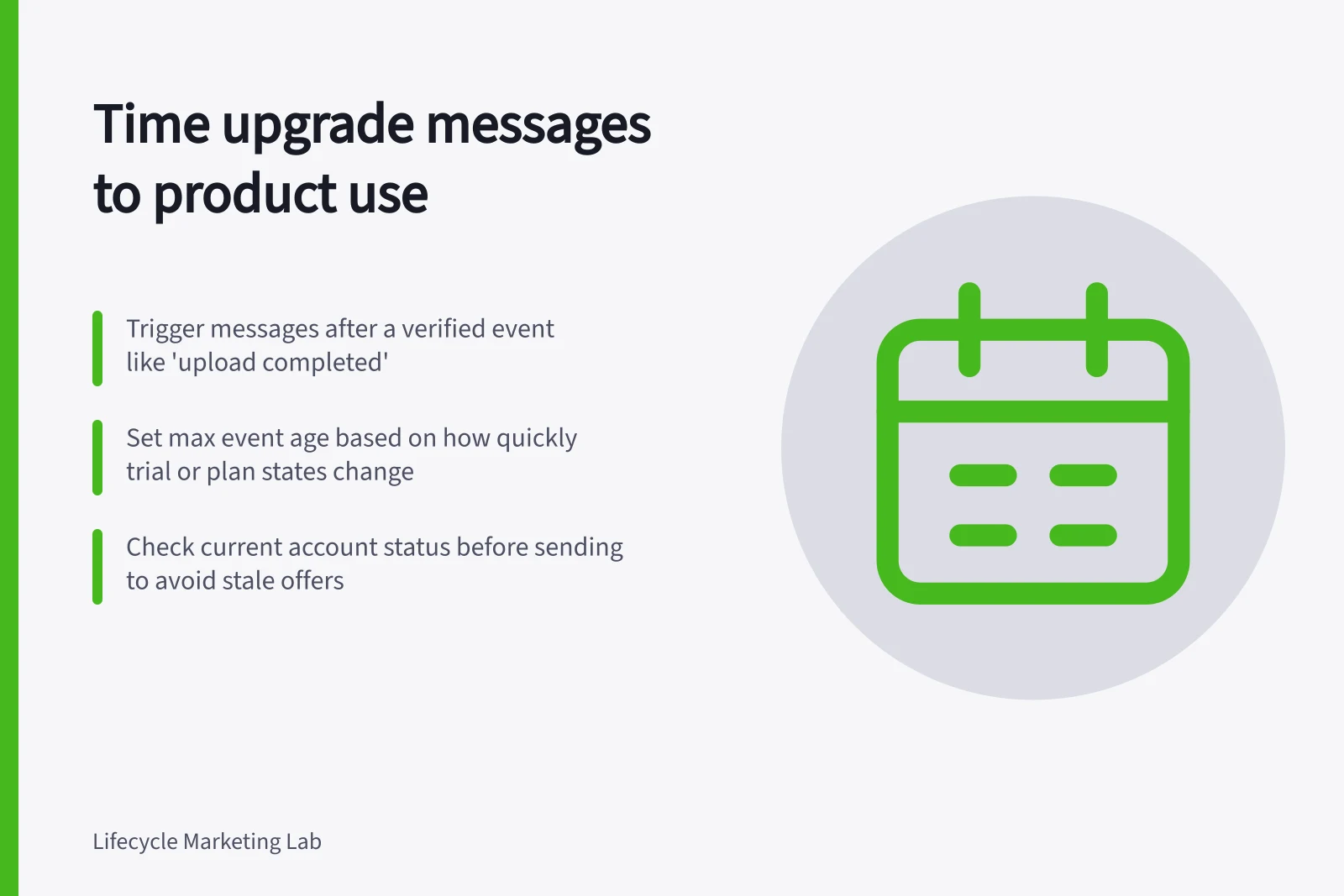 Time upgrade messages to product use: Trigger messages after a verified event like 'upload completed'; Set max event age based on how quickly trial or plan states change; Check current account status before sending to avoid stale offers
